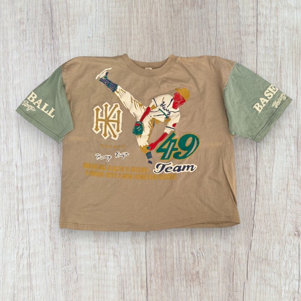 Vintage Baseball Graphic Tee Harry Kayn 49 Team Tan Green XL